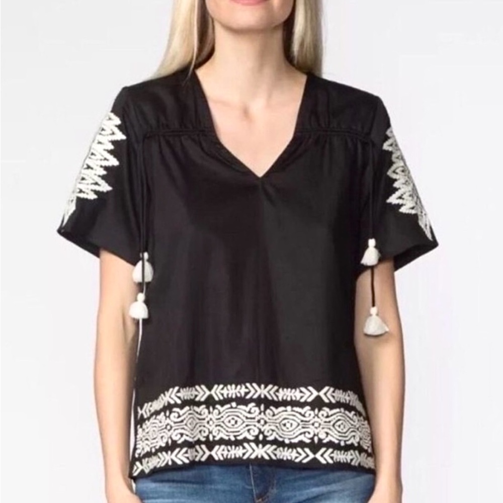 Anthropologie Pepin Boho Top Short Sleeve Black White Embroidered Blouse SZ M